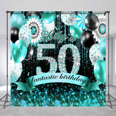Aperturee - Aperturee Teal Balloons Bokeh Custom Name 50 Birthday Backdrop